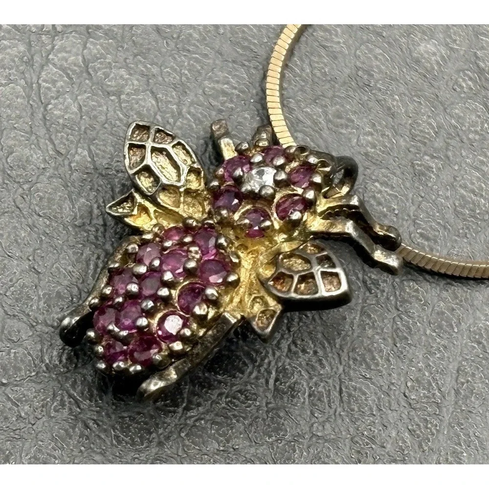 Vintage Insect Bee Ruby Sterling Silver  Pendant Brooch & Chain Necklace  17